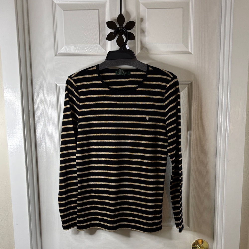 Lauren Ralph Lauren Black and Metallic Gold Striped Top size Large EUC
